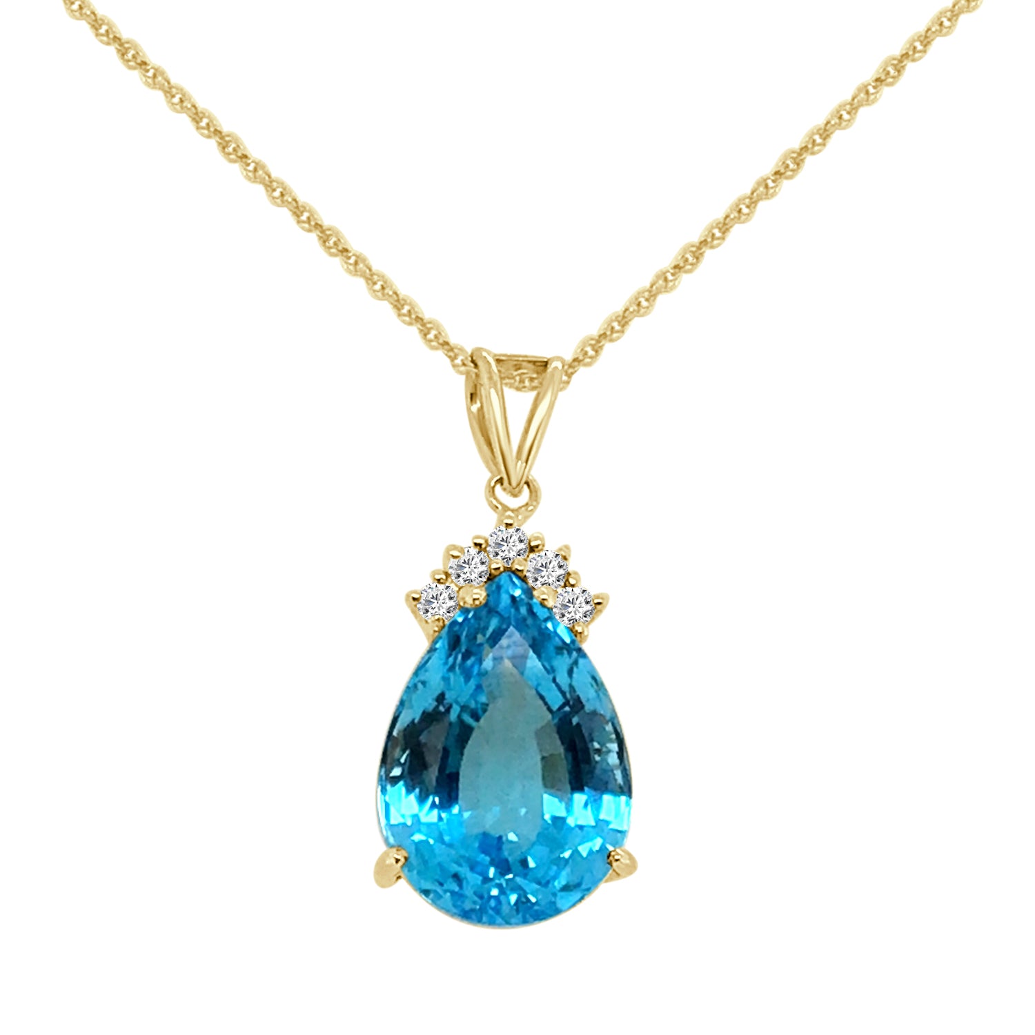 14K Yellow Gold Teardrop Blue Topaz and Diamond Necklace