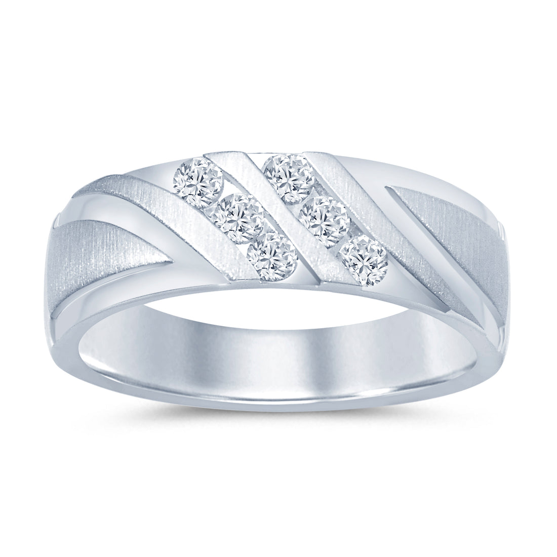 14K White Gold Diagonal Satin Fancy Wedding Band with 0.38ct Natural Diamond
