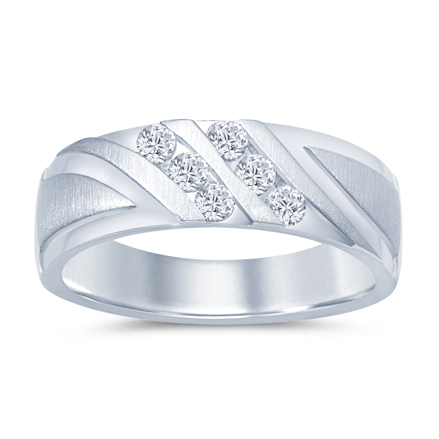 14K White Gold Diagonal Satin Fancy Wedding Band with 0.38 ct Natural Diamond