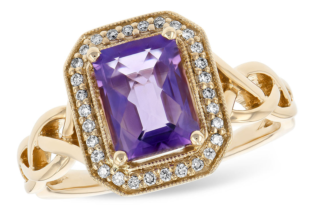 14K Yellow Gold Braided Shank Amethyst Ring with Emerald Halo - 1.42 Carats