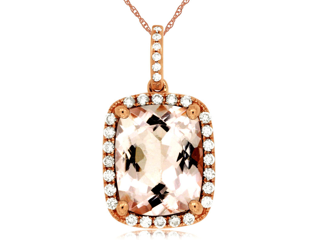 14K Rose Gold Morganite Cushion Halo Necklace with 4.10 Carat Diamond Bail