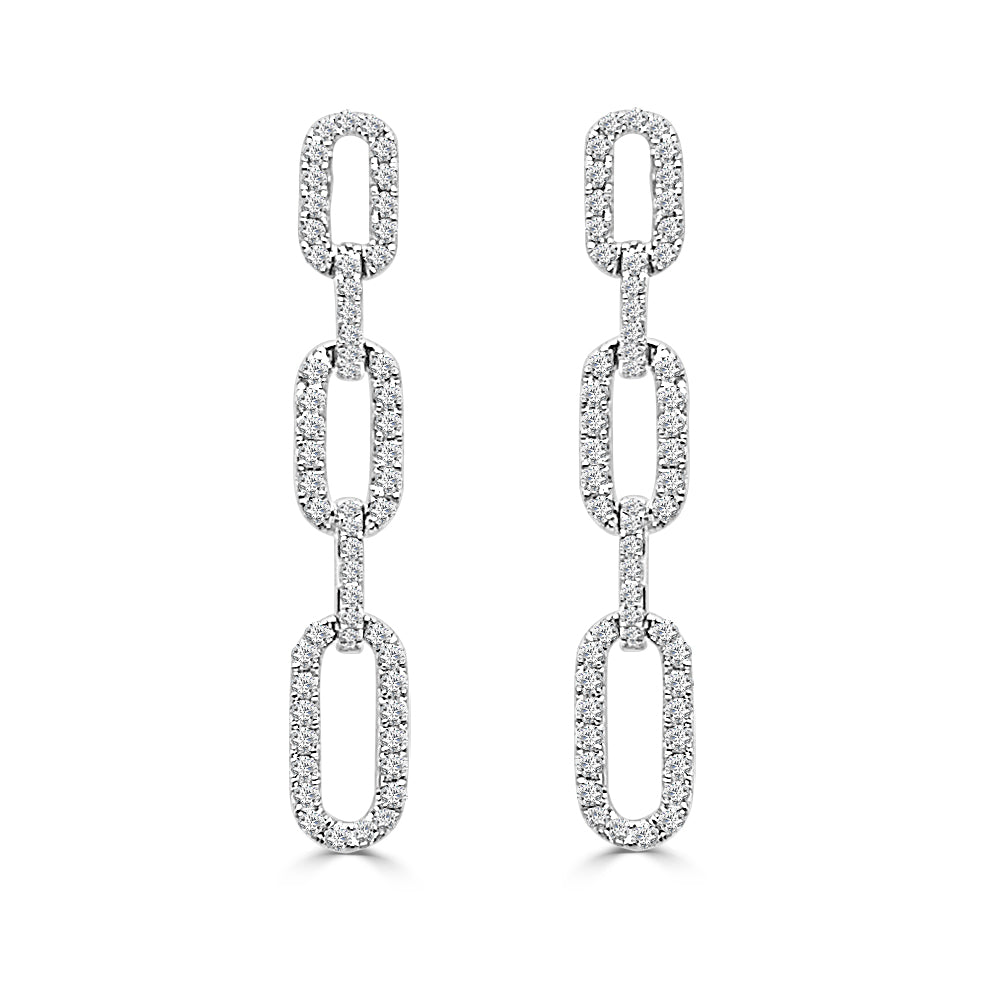 14K White Gold Round Link Drop Earrings with 1.37 Natural Diamond