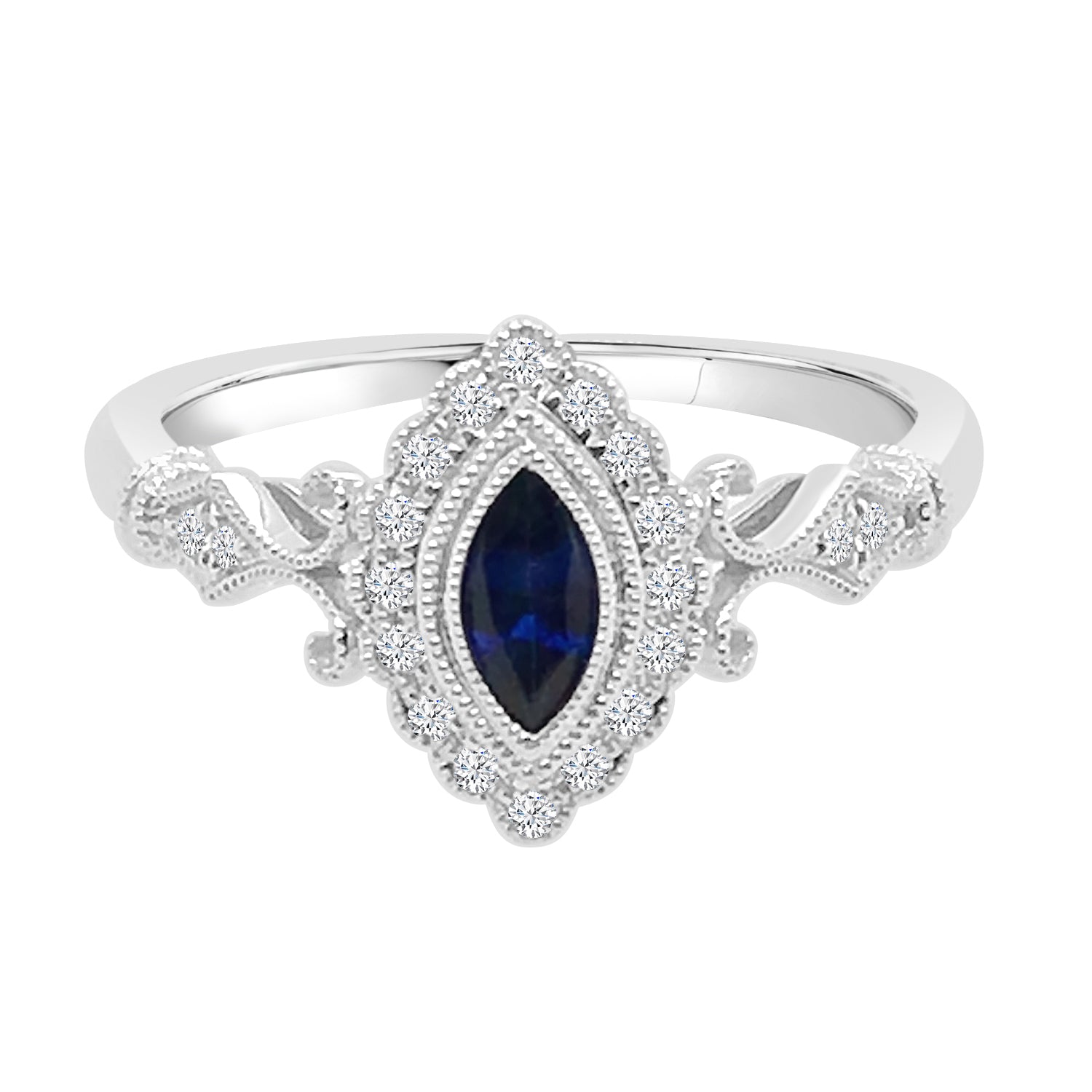 14K White Gold Filigree Marquise Blue Sapphire Ring (0.29 ct)