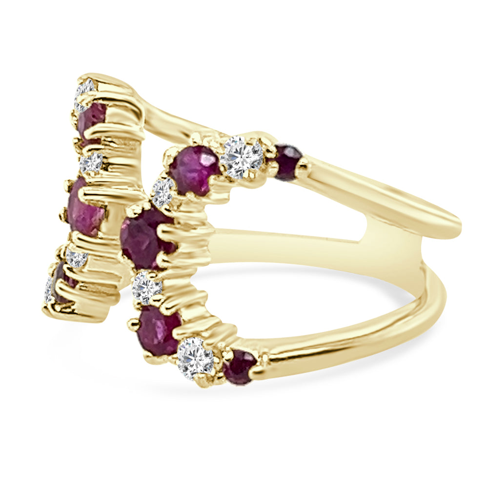 14K Yellow Gold Open Wrap Ring with Diamond and Ruby, Round Shape 1.25 Carat