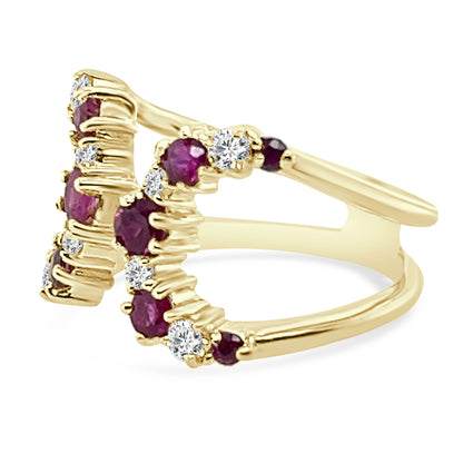 14K Yellow Gold Open Wrap Ring with Diamond and Ruby, Round Shape 1.25 Carat