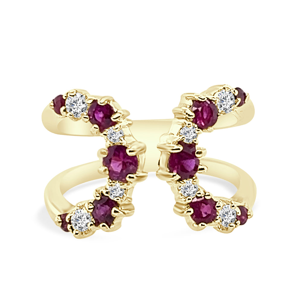14K Yellow Gold Open Wrap Ring with Diamond and Ruby, Round Shape 1.25 Carat