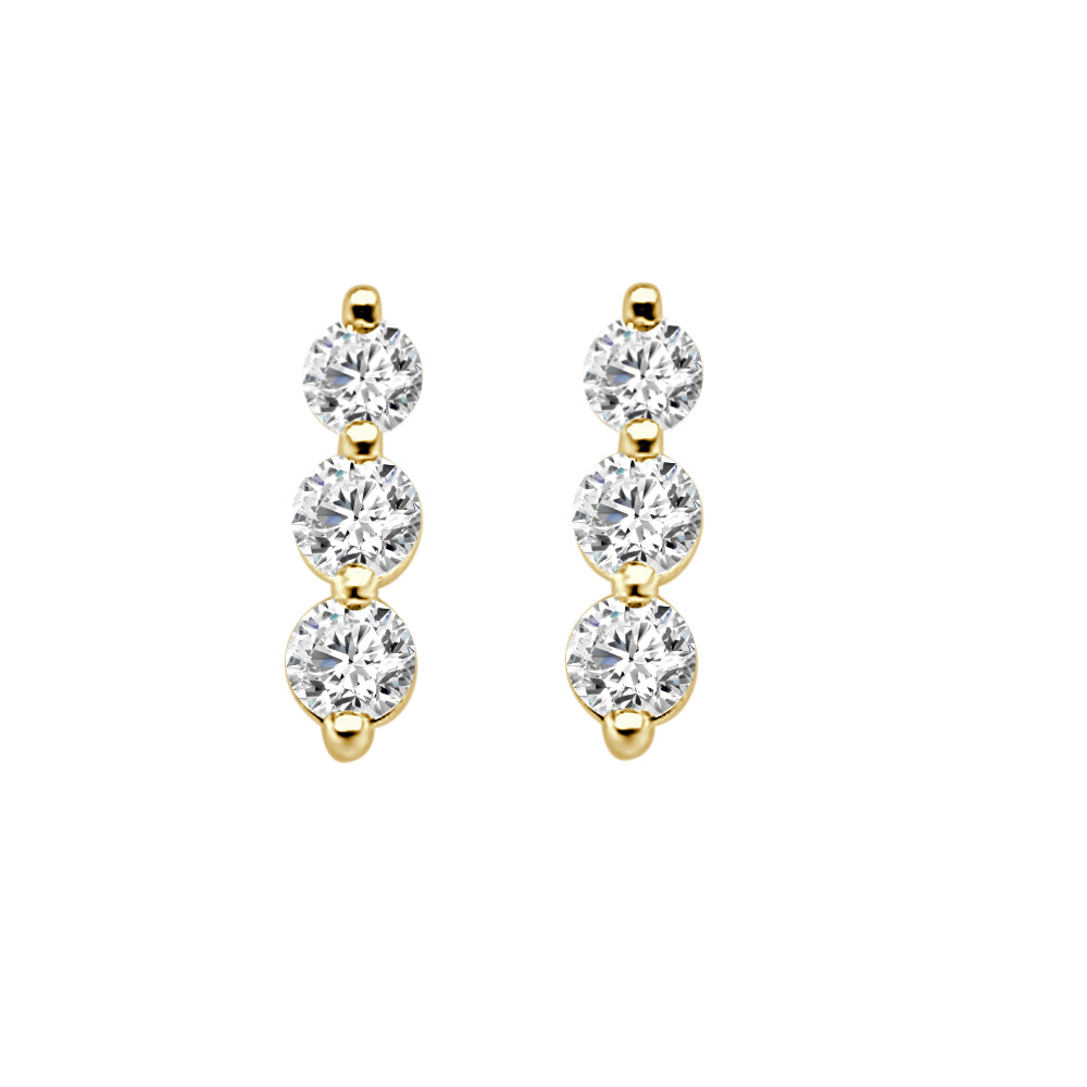 10k Yellow Gold Three Stone Stud Earrings with Natural Diamond - Round Shape, 0.33 Carat