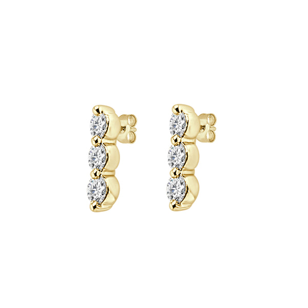 10 Karat Yellow Gold Three Stone Stud Earrings with Natural 0.33 Round Shape Diamond