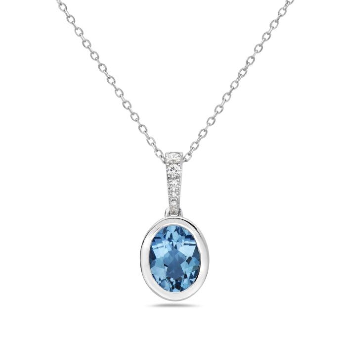 14K White Gold Bezel Set Swiss Blue Topaz Oval Necklace - 1.35 Carats