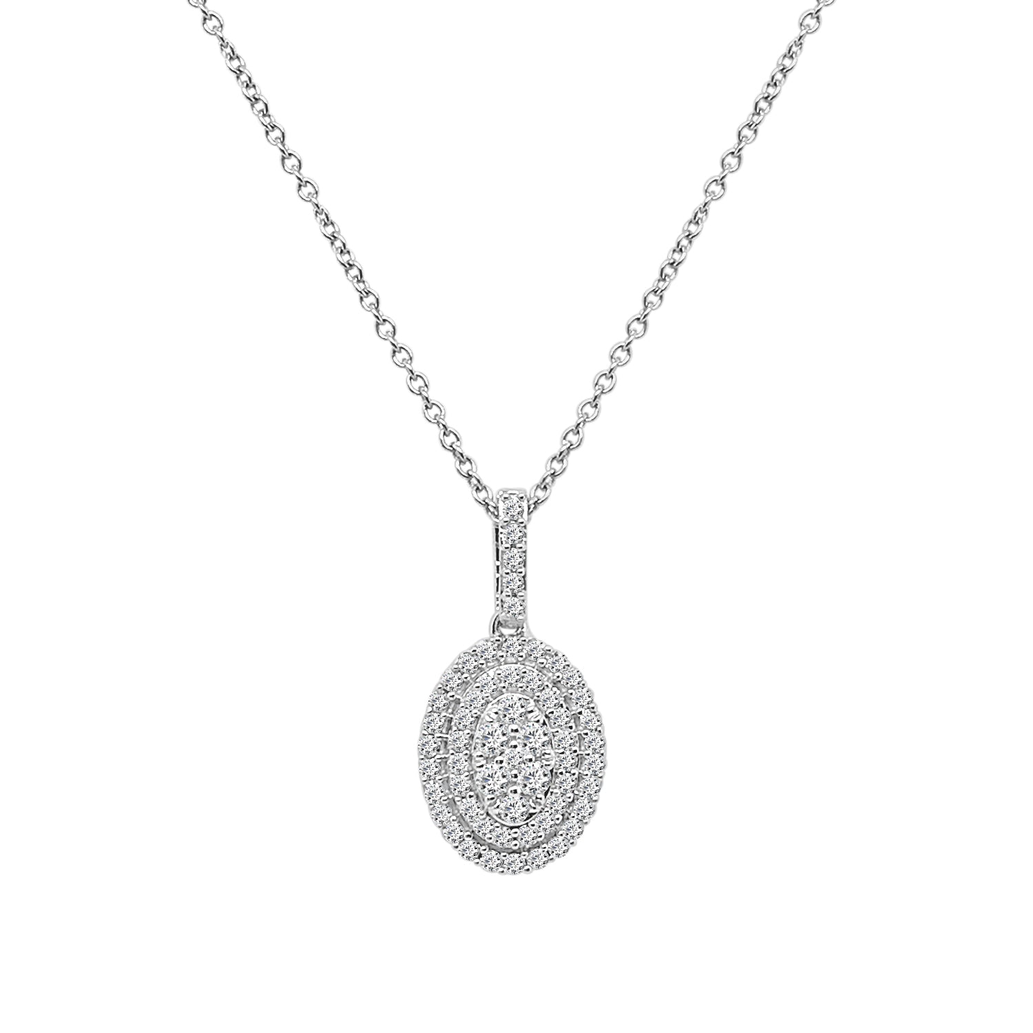 10 Karat White Gold Natural Diamond Necklace with Cluster Oval Double Halo, 0.33 ct