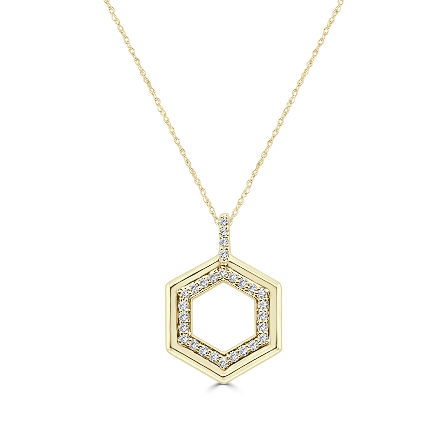 14K Yellow Gold Hexagon Diamond Pendant Necklace
