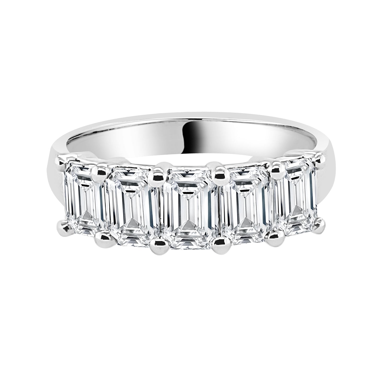 Emerald Shape Five Stone Lab Diamond Ring in 14 Karat White Gold, Size 2