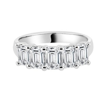 Emerald Shape Five Stone Lab Diamond Ring in 14 Karat White Gold, Size 2