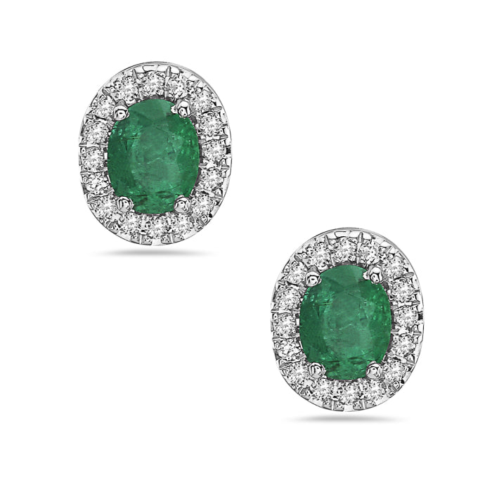 Emerald Oval Halo Earrings in 14K White Gold - 0.78 Carat