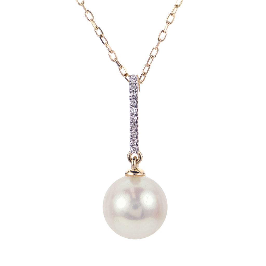 14K Yellow Gold Pearl and Diamond Drop Pendant Necklace