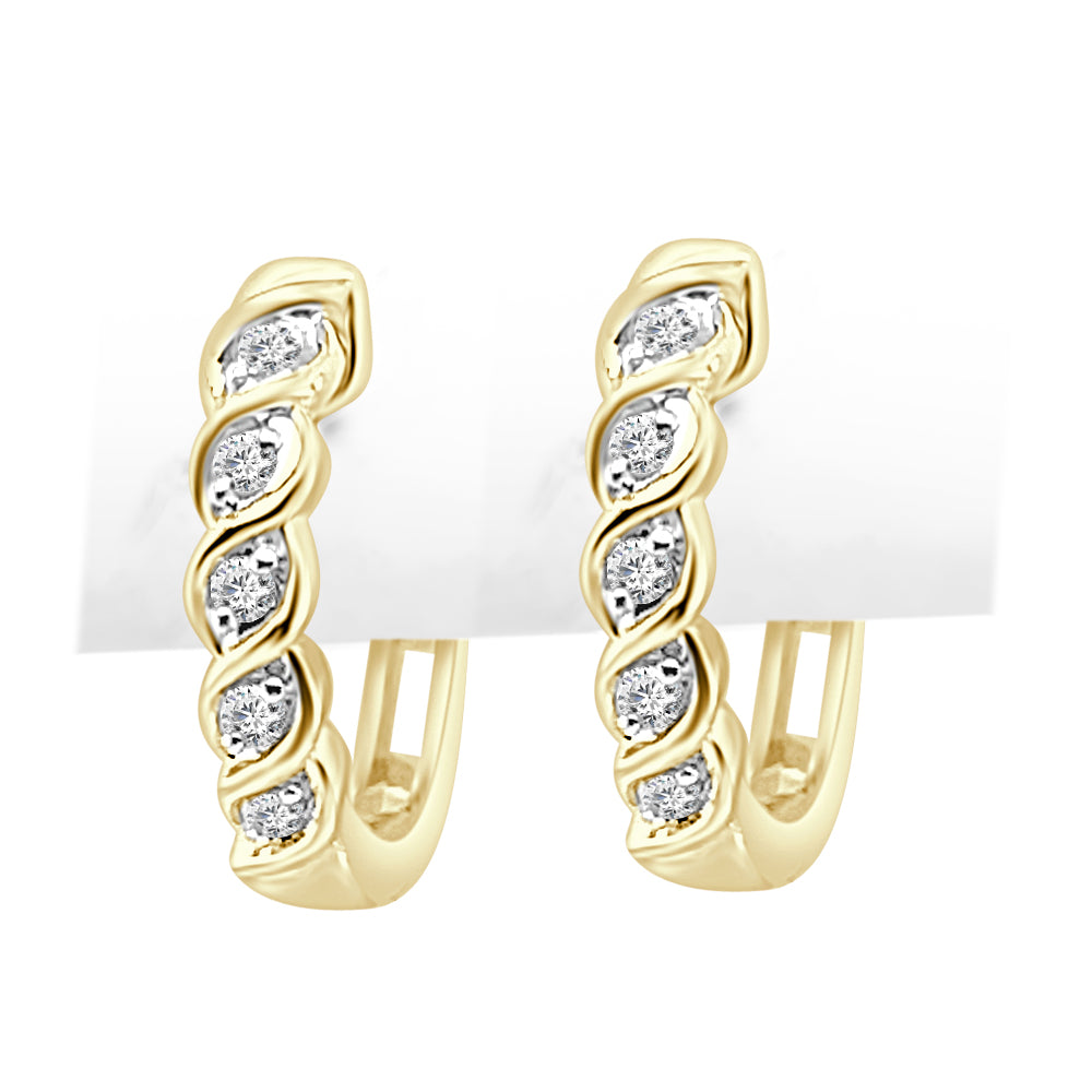 10K Yellow Gold Twisted Diamond Huggie Earrings with 0.10ct Natural Round Diamonds