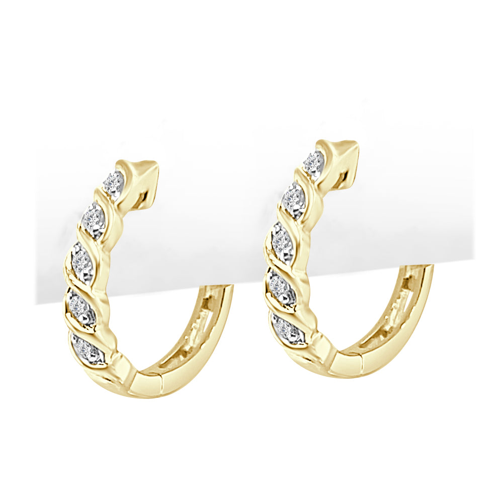 10K Yellow Gold Twisted Diamond Huggie Earrings with 0.10ct Natural Round Diamonds