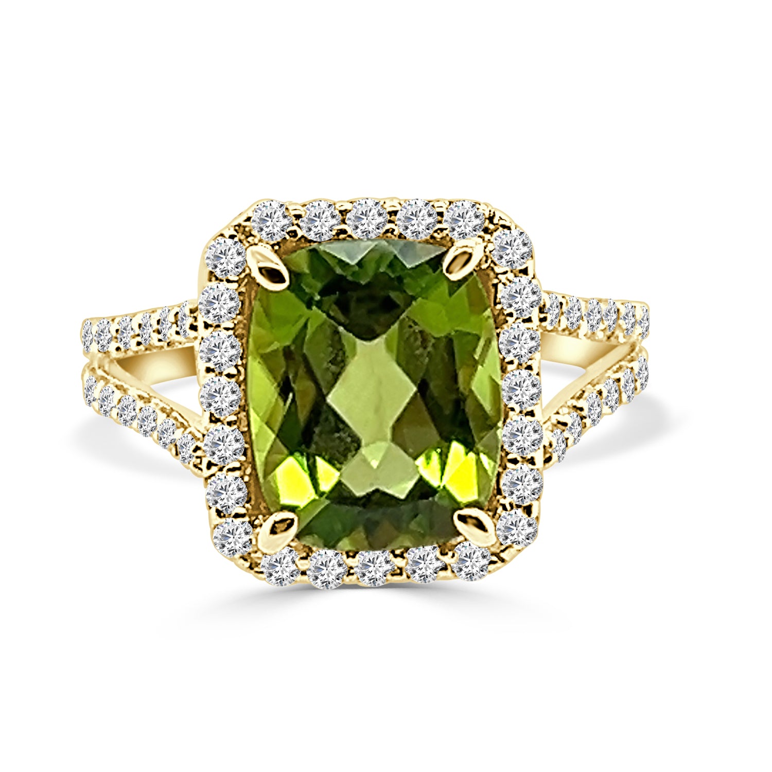 Radiant Peridot Split Shank Ring in 14 Karat Yellow Gold - Size 4.25