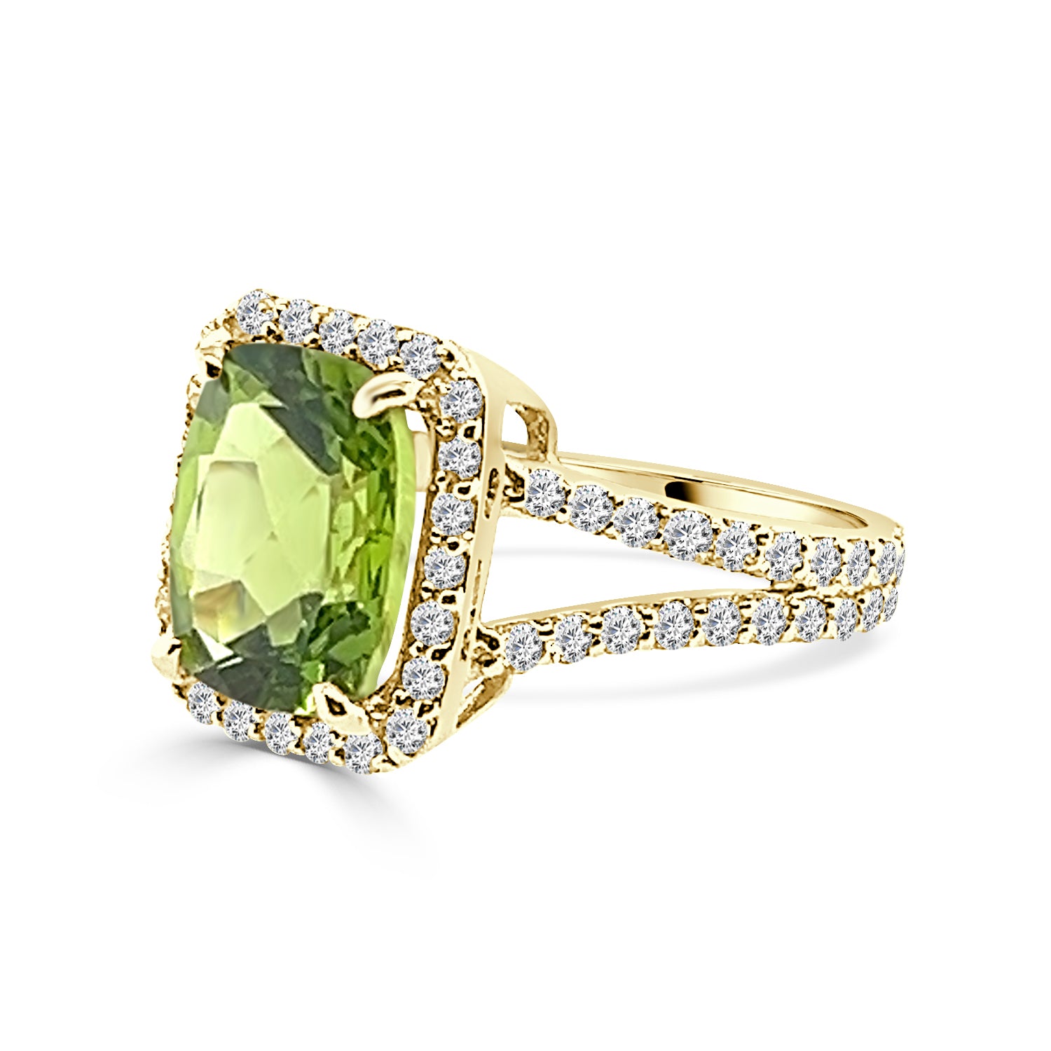 Radiant Peridot Split Shank Ring in 14 Karat Yellow Gold - Size 4.25