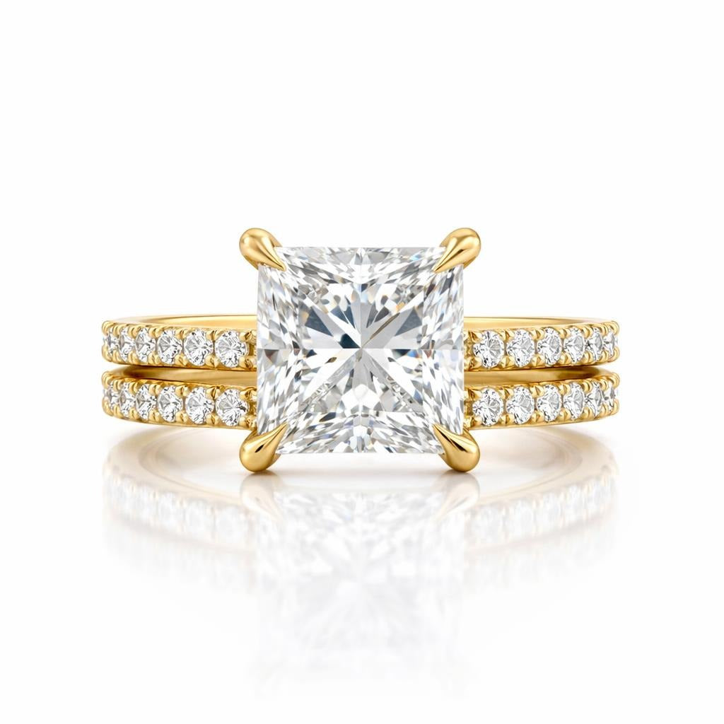 14 Karat Yellow Gold Wedding Set with Hidden Halo &amp; Diamond Bands