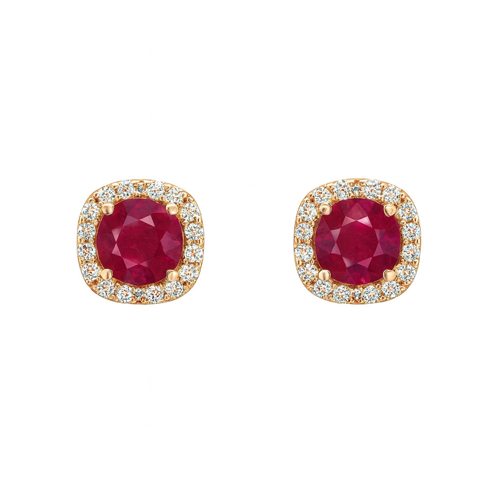 14 Karat Yellow Gold Halo Stud Ruby Earrings (Round Shape, 1)