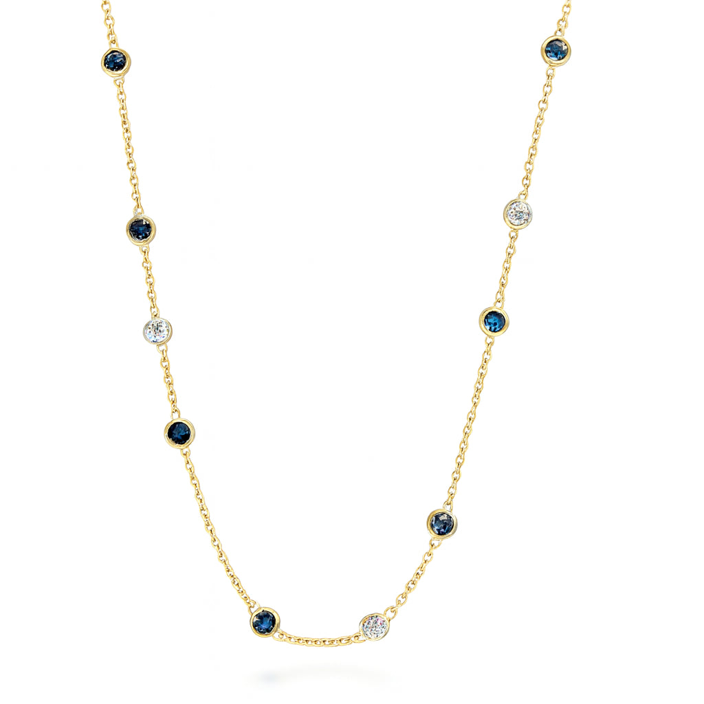 14K Yellow Gold Blue Sapphire and Diamond Station Necklace - Round Shape 1.38