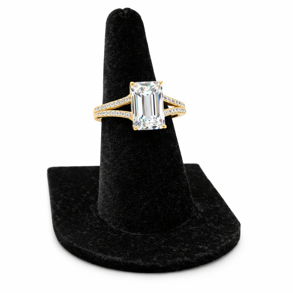 14K Yellow Gold Split Shank Hidden Halo Engagement Ring with Lab Diamond Emerald Shape - Size 4