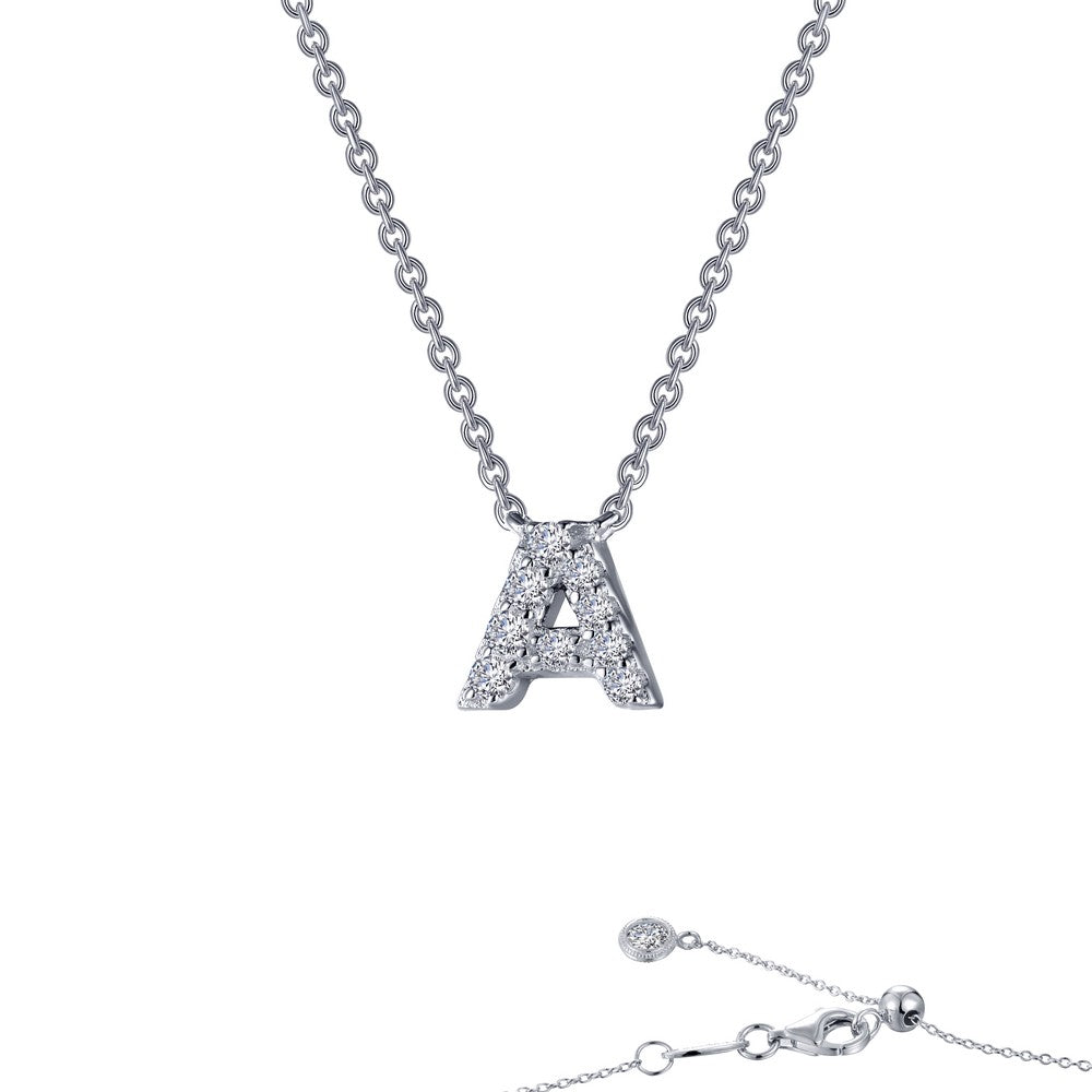 Platinum Coated Sterling Silver Block Letter A Necklace with Lassaire 0.36 Carat