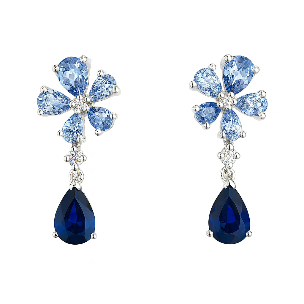 Floral Blue Sapphire 14 Karat White Gold Earrings with Pear Shape 5.20 ct