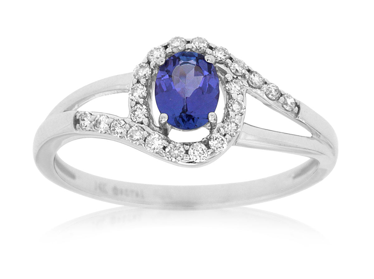 14K White Gold Oval Tanzanite and Diamond Ring - 0.22 Carats