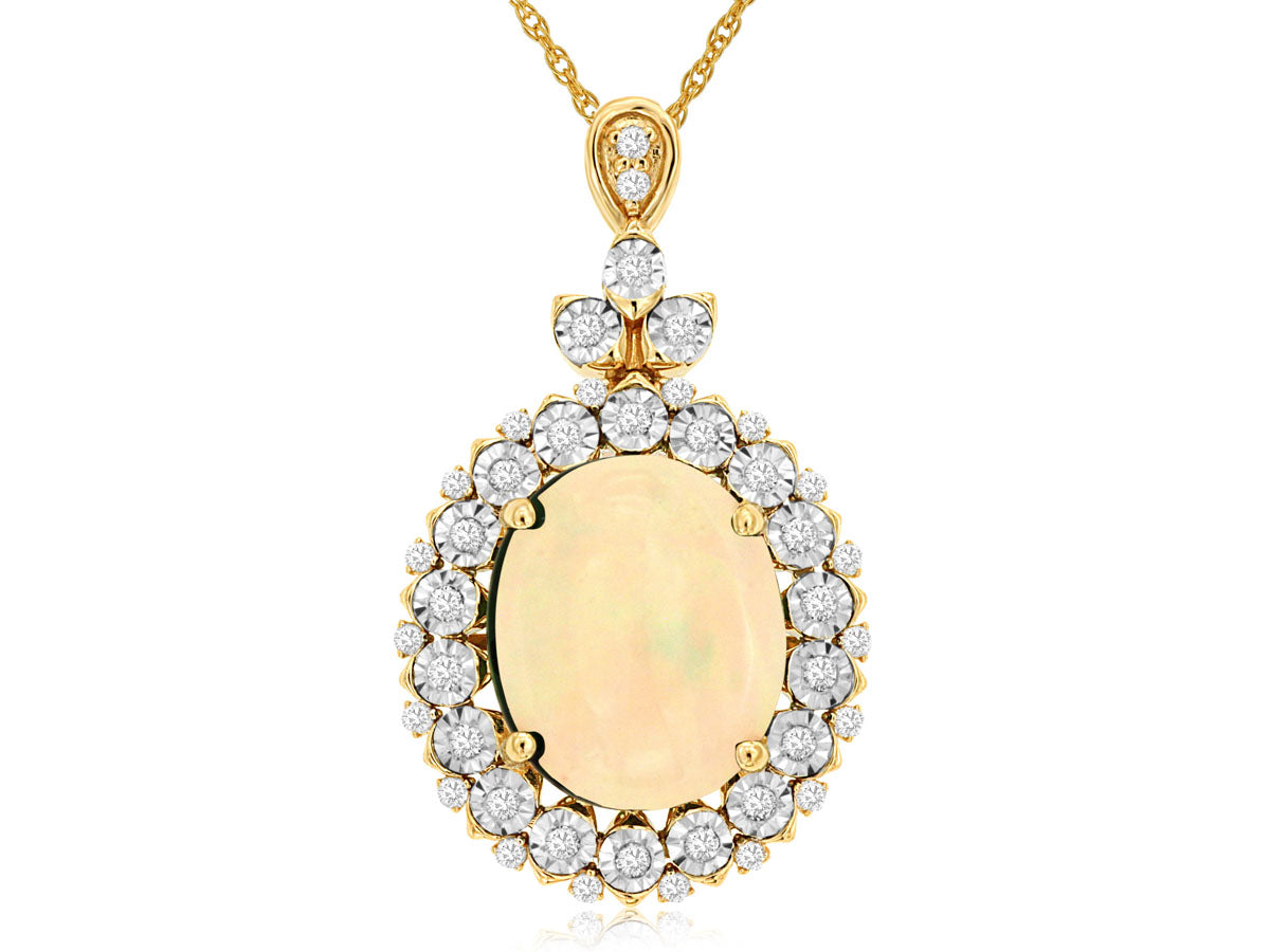 14 Karat Yellow Gold Opal Oval Halo Necklace - 3.00 Carats