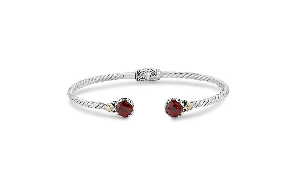 Elegant Garnet Bangle Bracelet with 18KY Twisted Cable Hinge in Sterling Silver