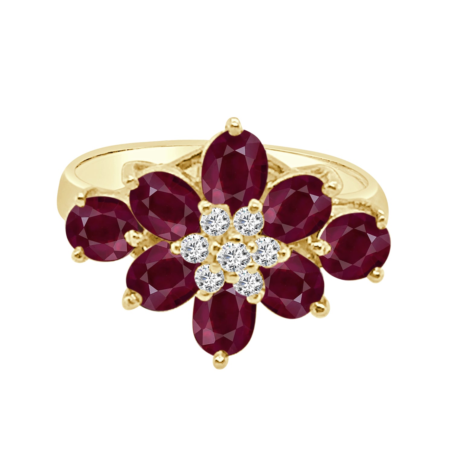 Ruby Flower Ring in 14K Yellow Gold with Diamond Center