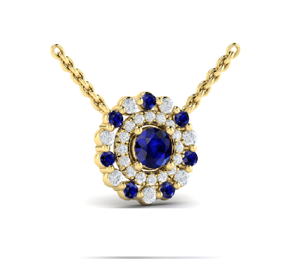 Dazzling Double Halo 14K Yellow Gold Necklace with Blue Sapphire 0.49 ct