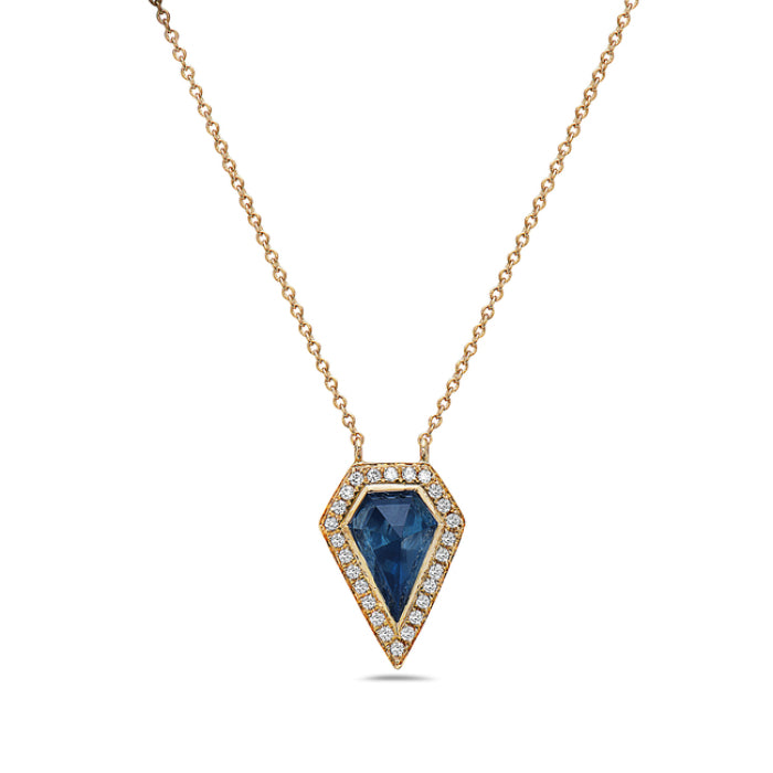 Sure, how about this: 14 Karat Yellow Gold Halo Shield Necklace with Blue Topaz - 1.03 Carats