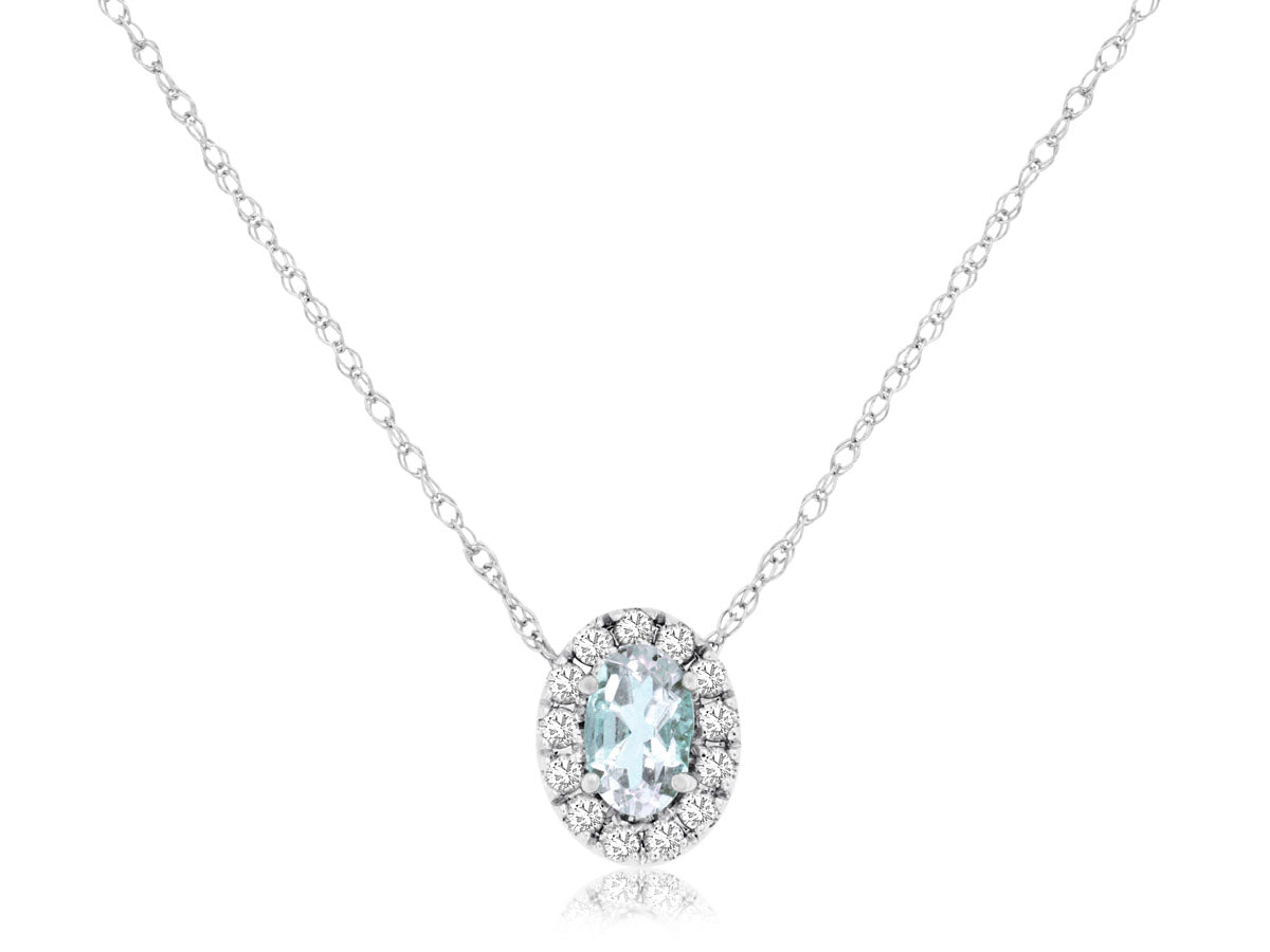 Oval Aquamarine Halo Necklace in 14 Karat White Gold - 0.20 Carats