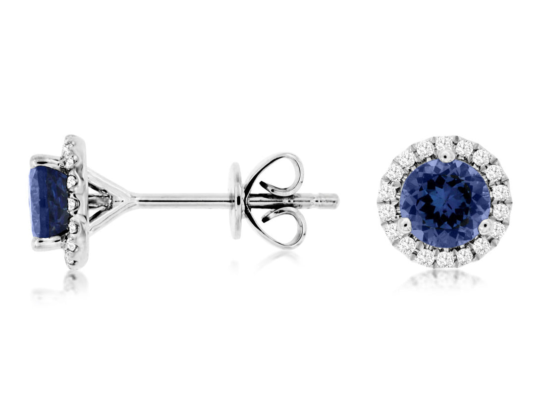 0.75 ct Tanzanite Halo Stud Earrings in 14K White Gold - Round Shape