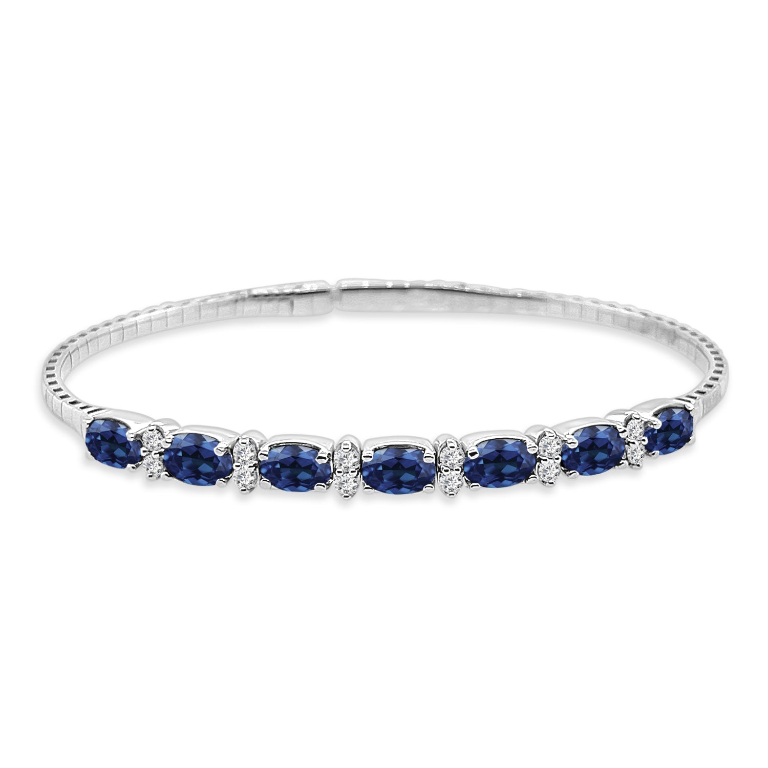 14K White Gold Diamond and Blue Sapphire Bangle Bracelet - 3.08 carats