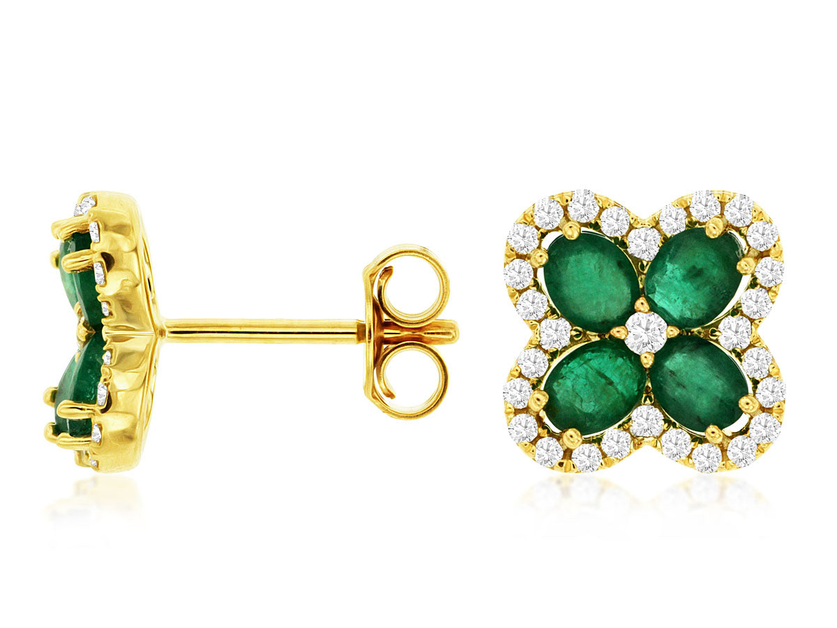 14 Karat Yellow Gold Emerald Floral Halo Earrings, Oval Shape 1.30 Carats
