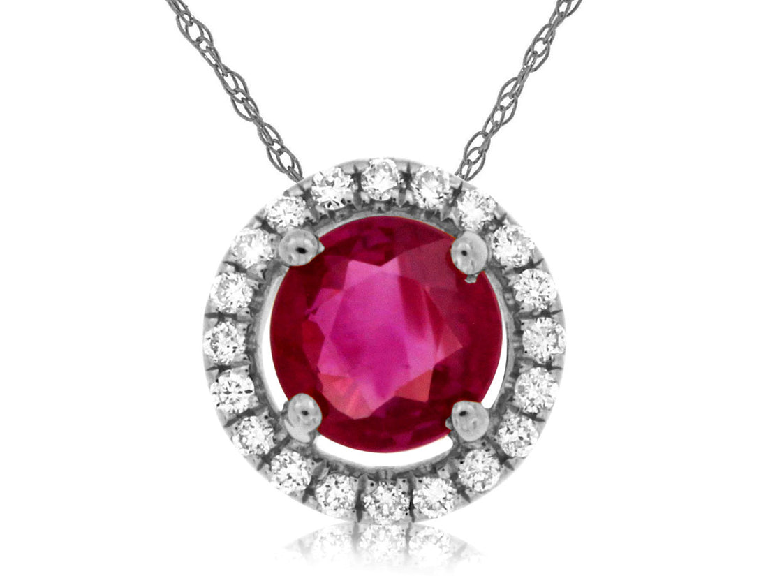 Ruby Halo Necklace in 14 Karat White Gold, Round Shape - 0.47 ct