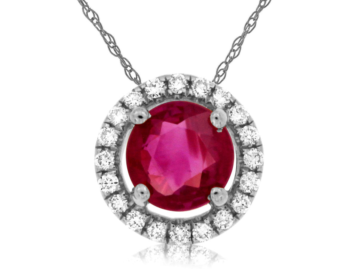 Ruby Halo Necklace in 14 Karat White Gold, Round Shape - 0.47 ct