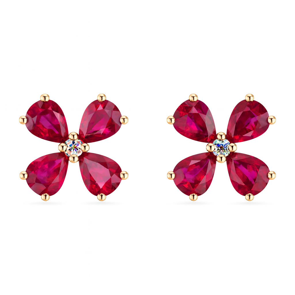 Ruby Floral Stud Earrings in 14 Karat Yellow Gold - Pear Shape 1.27 ct
