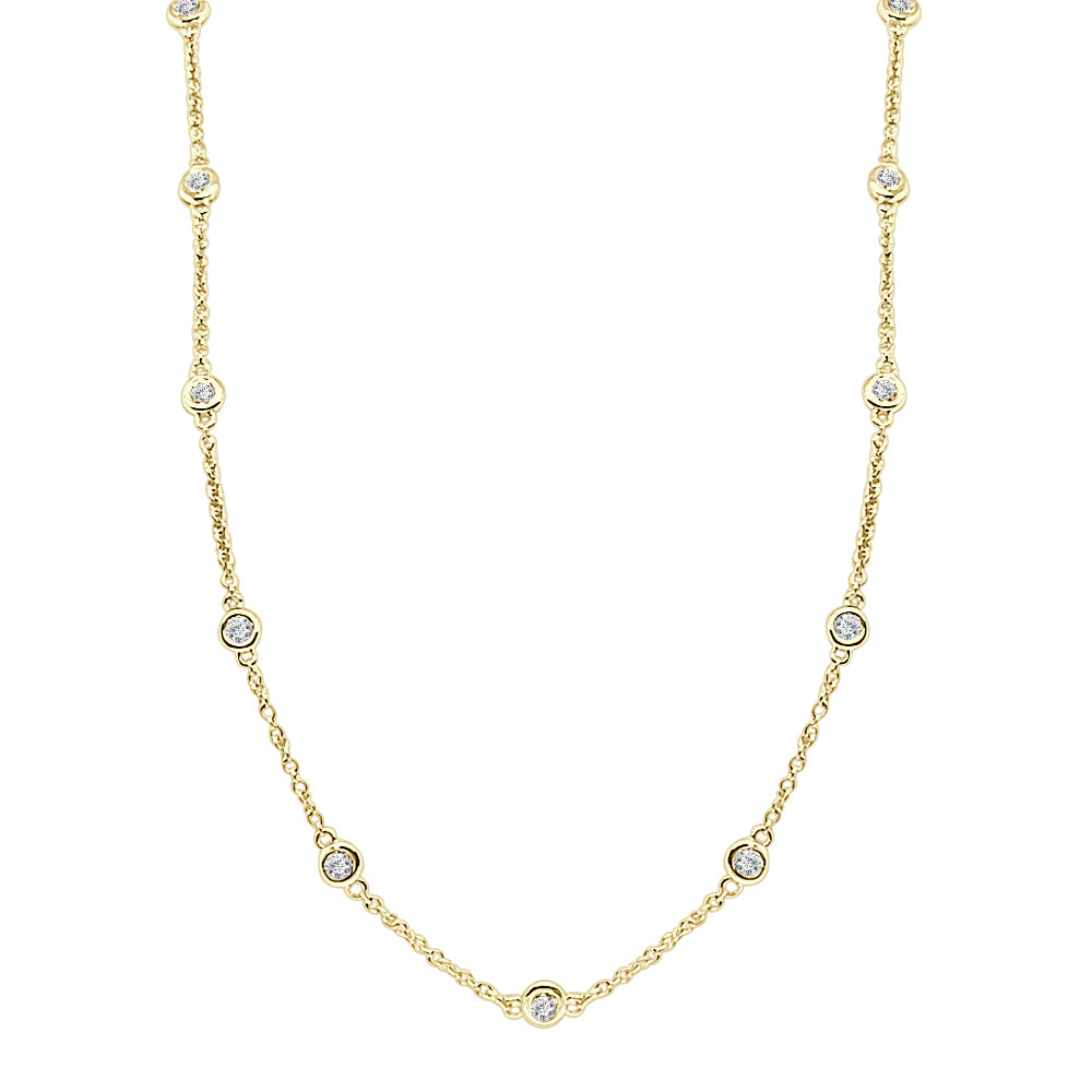 14 Karat Yellow Gold Natural Diamond Station Necklace - Round Shape 0.97 Carat