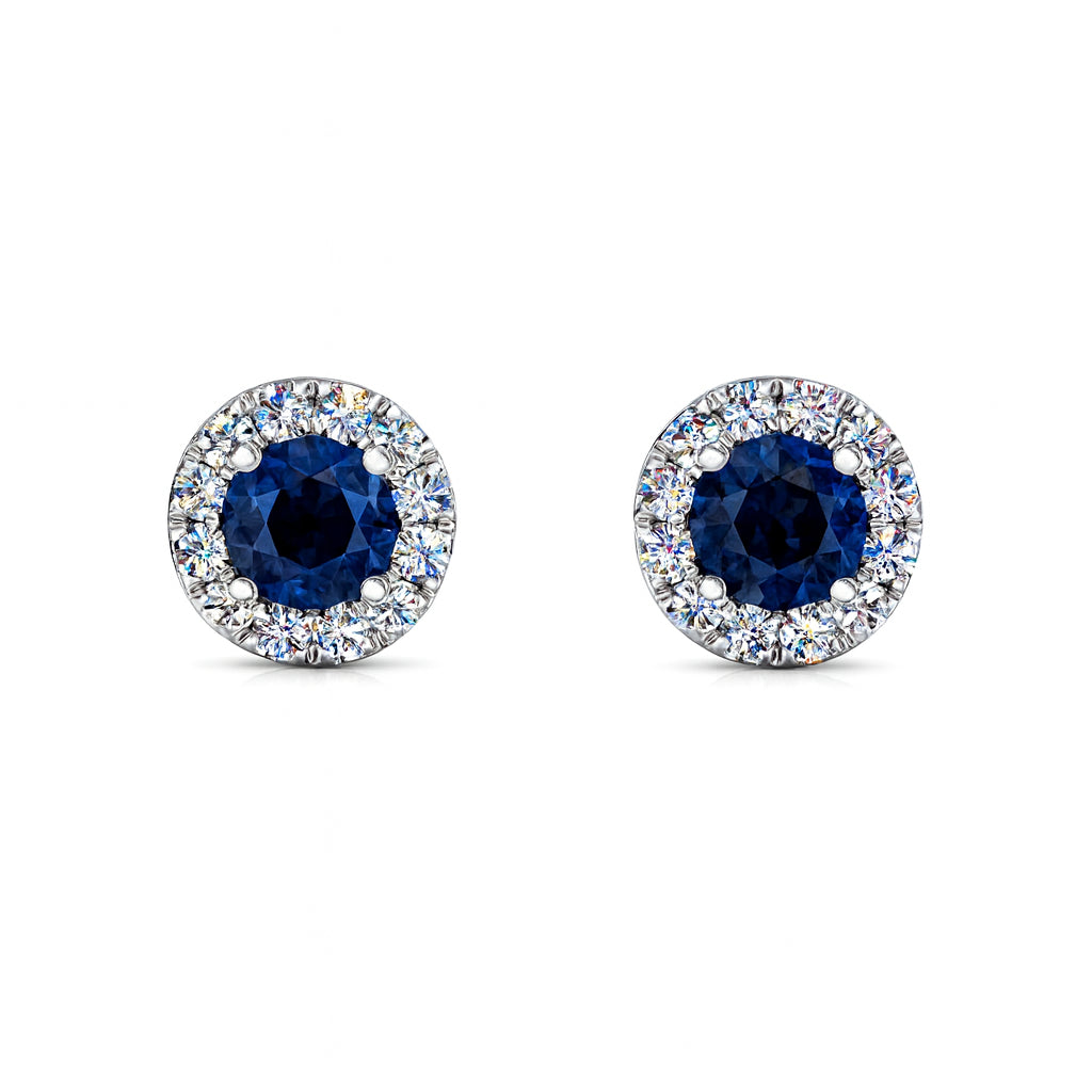 14K White Gold Blue Sapphire Halo Stud Earrings - Round 0.60 Carats