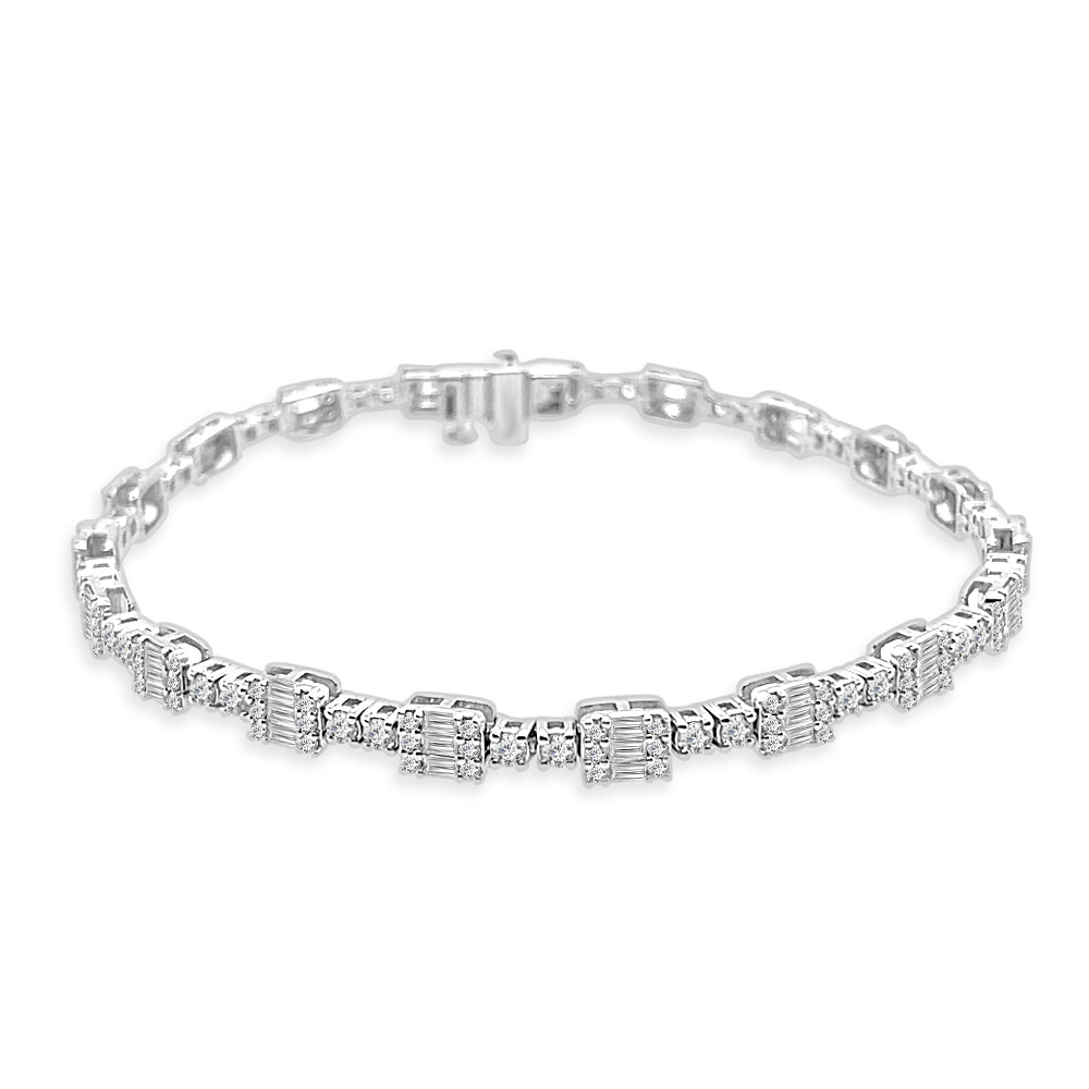 14k White Gold Baguette Tennis Bracelet with 2.50ct Natural Round Diamond