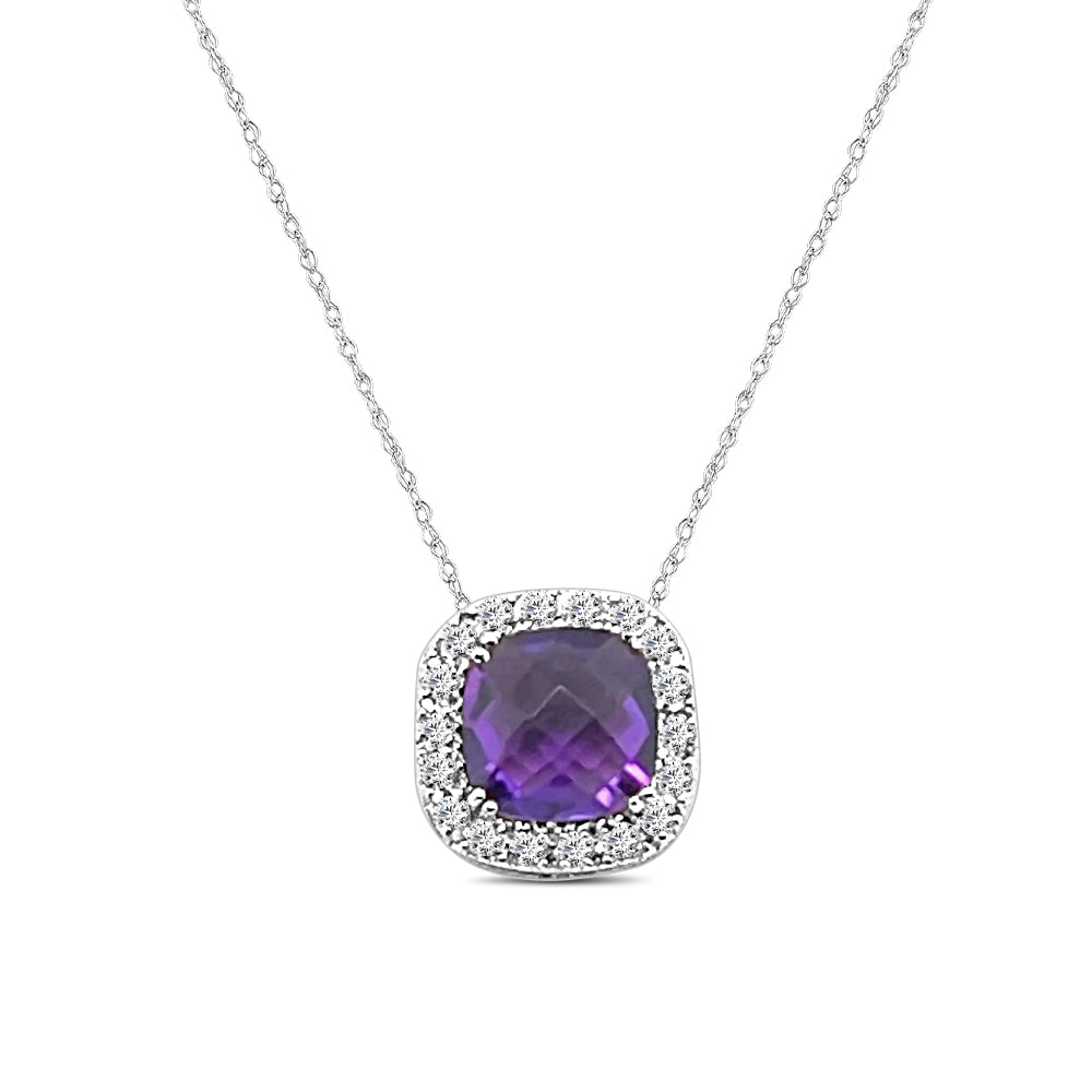 14K Rose Gold Cushion Amethyst Necklace with Double Halo Setting