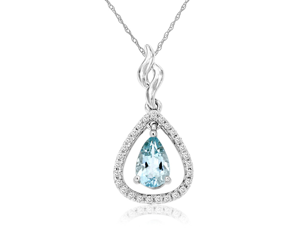 14K White Gold Aquamarine and Diamond Pendant Necklace - Pear Shape 0.66 Carat