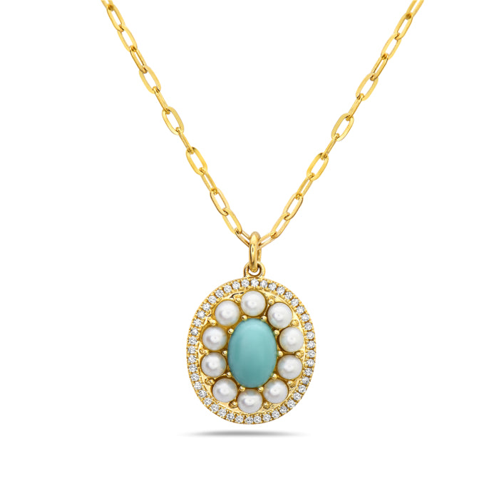 Turquoise Oval Pearl Halo Necklace in 14 Karat Yellow Gold - 0.76 Carat
