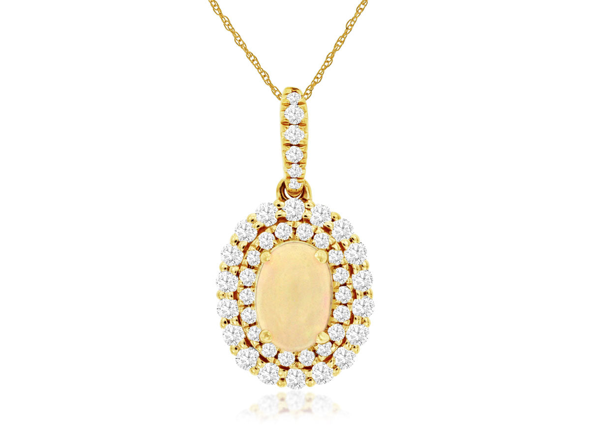 14K Yellow Gold Double Halo Opal Necklace with Oval Opal and 0.50ct Diamond Bail
