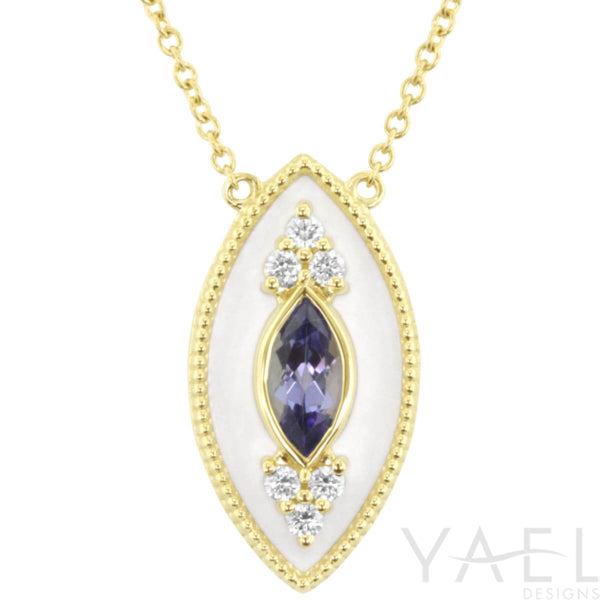 14K Yellow Gold Tanzanite Necklace with Regalia White Enamel Marquise Halo